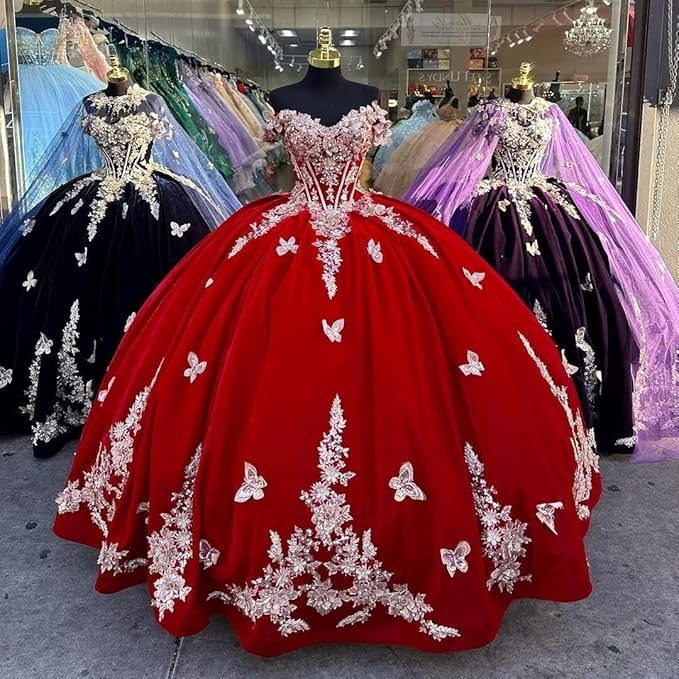red Velvet Quinceanera Dresses Gold Butterfly with Cape Mychicdress