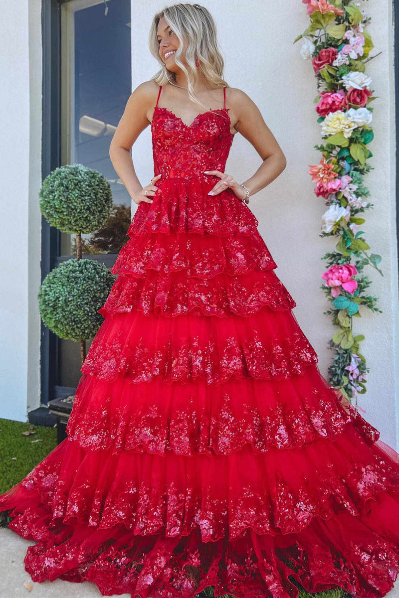 White Layered Tiered Prom Dresses Sequin Spaghetti Straps A-Line - MyChicDress