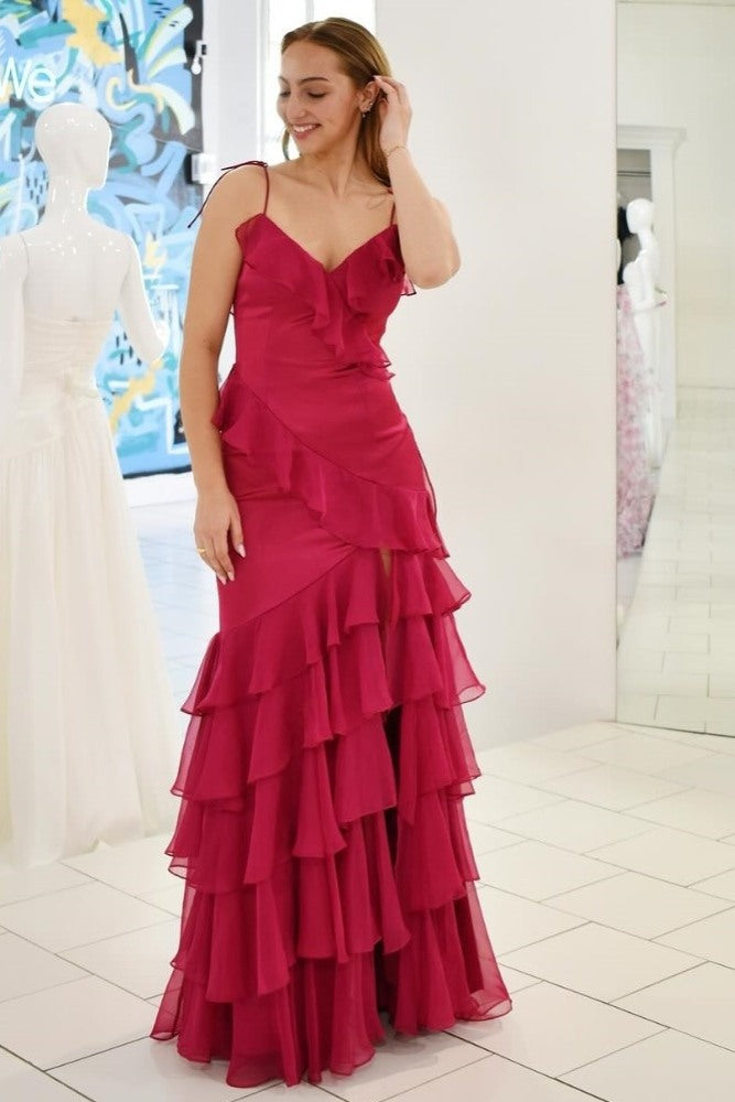Emerald Green Chiffon Ruffle Prom Dress V-Neck Tiered Guest Dress - MyChicDress