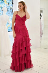 Emerald Green Chiffon Ruffle Prom Dress V-Neck Tiered Guest Dress - MyChicDress