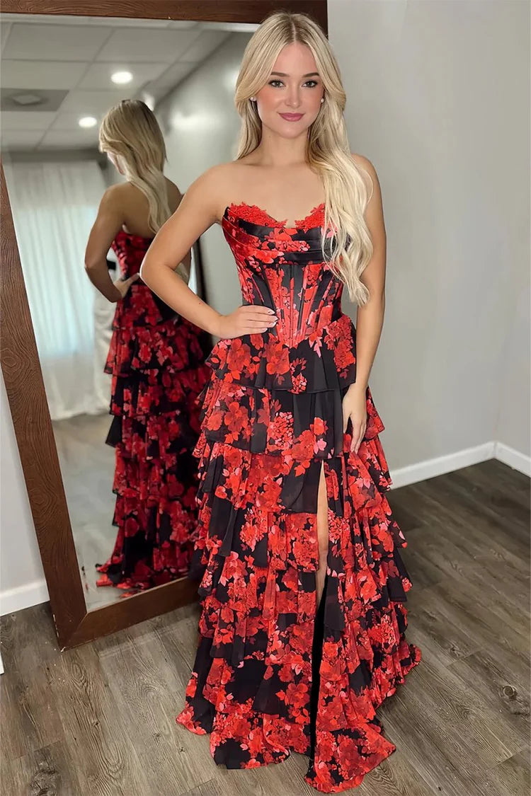 Red Black Floral Ruffled Prom Dresses Strapless A Line With Slit
