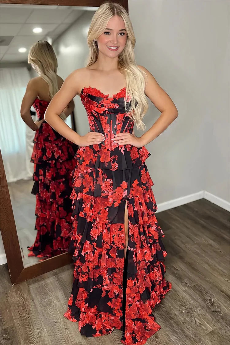 Red Black Floral Ruffled Prom Dresses Strapless A Line With Slit