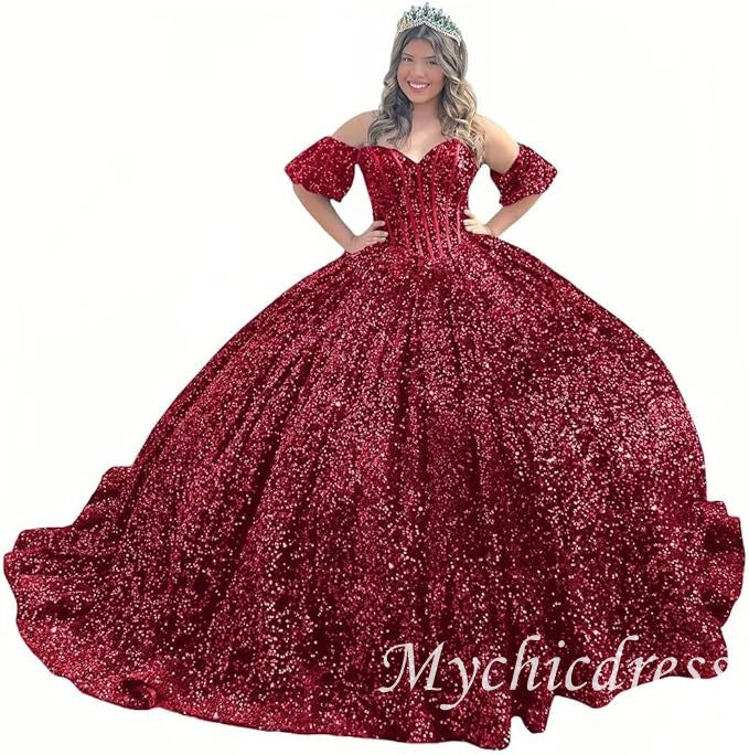 Princess red Quinceanera Dresses Sequin Bow with Bubble Sleeves Mychicdress