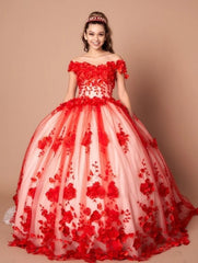 2025 Custom Made 3D Flor Renda Vermelha Quinceanera Vestidos Fora do Ombro