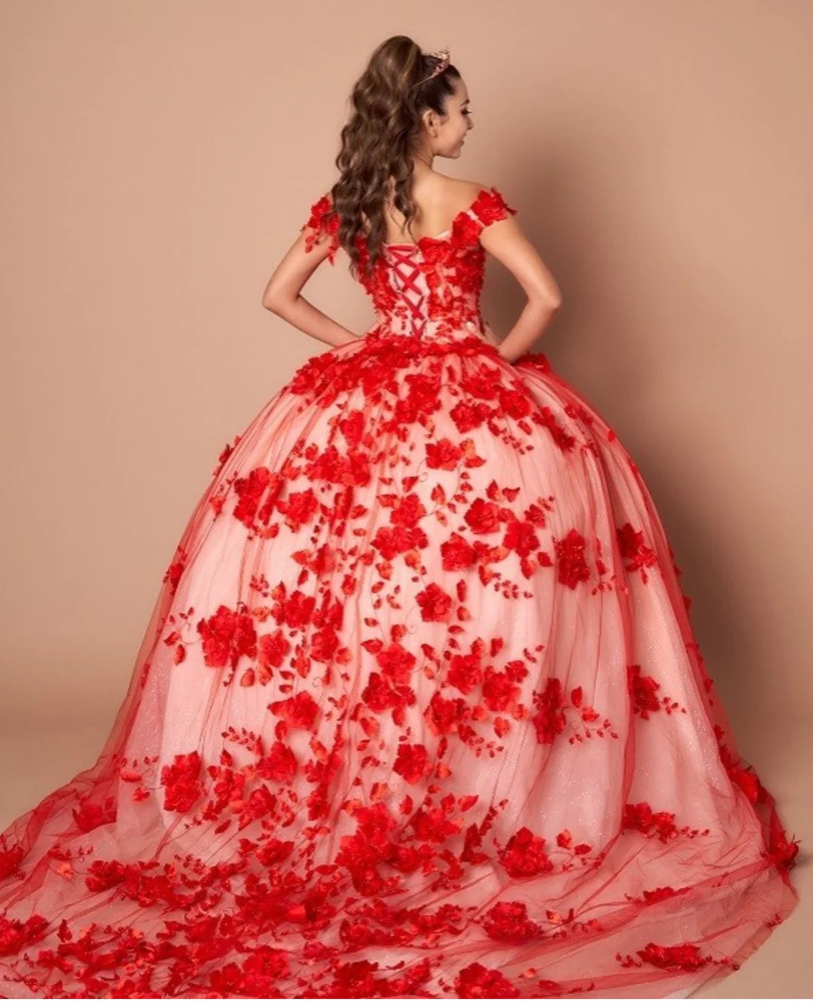 2025 Custom Made 3D Flor Renda Vermelha Quinceanera Vestidos Fora do Ombro