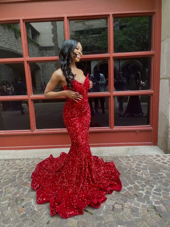 Long Red Prom Dresses Glitter Sequin Mermaid Evening Dress UK - MyChicDress