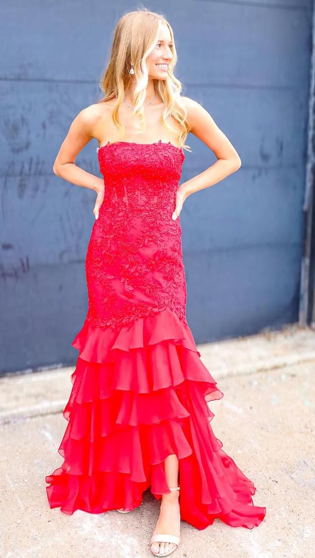 Mint Strapless Tiered Prom Dress Chiffon Appliques Long Formal Dress