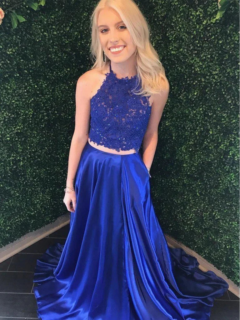 blue evening gown 2 Piece Prom Dress A Line Lace Beaded with Pocket Mychicdress