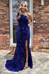 White Sequined Long Prom Dresses Mermaid One Shoulder with Slit