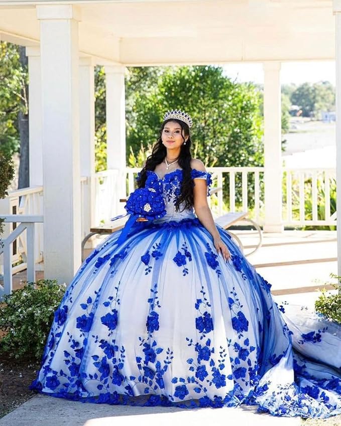 Vestidos Quinceanera Azul Royal Princesa Pérolas Frisadas Doce 15 Vestido Flores 3D