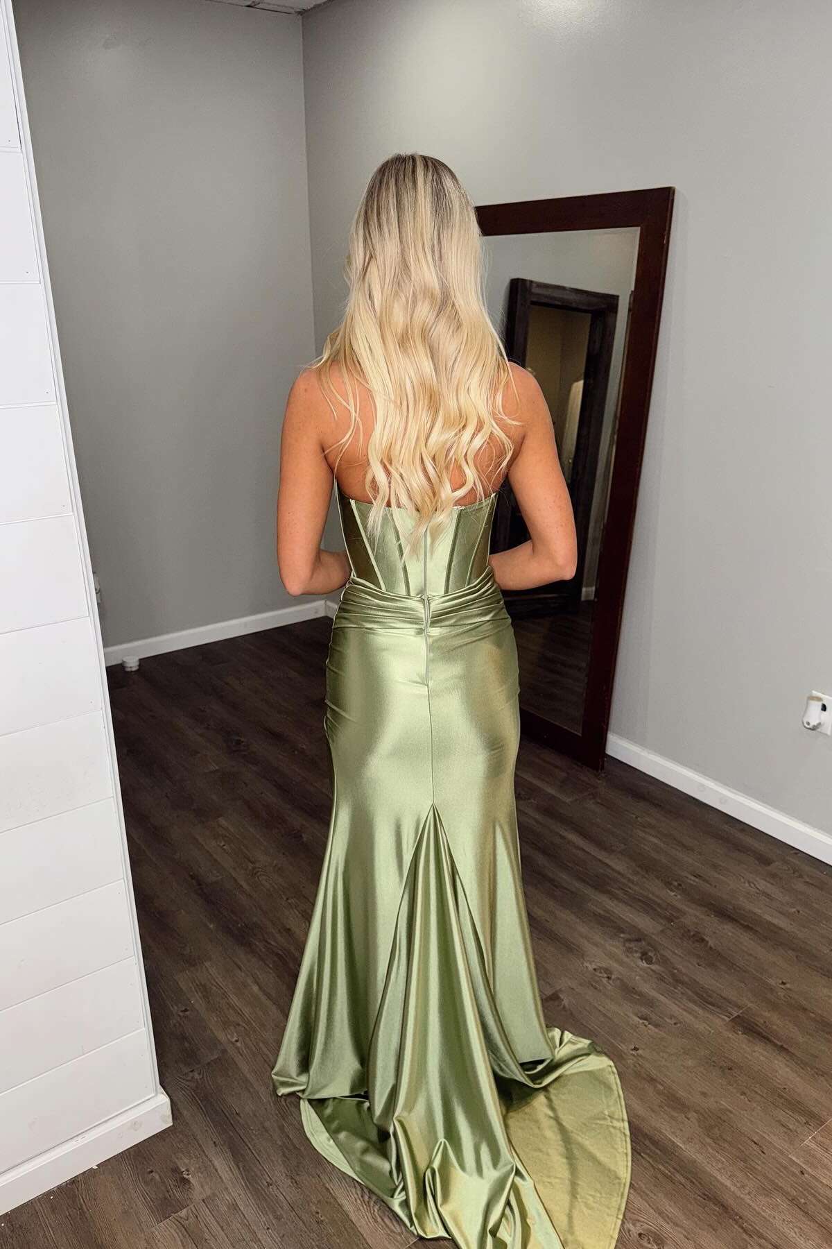 Sage Green Fitted Prom Dress Satin Bustier Formal Gown