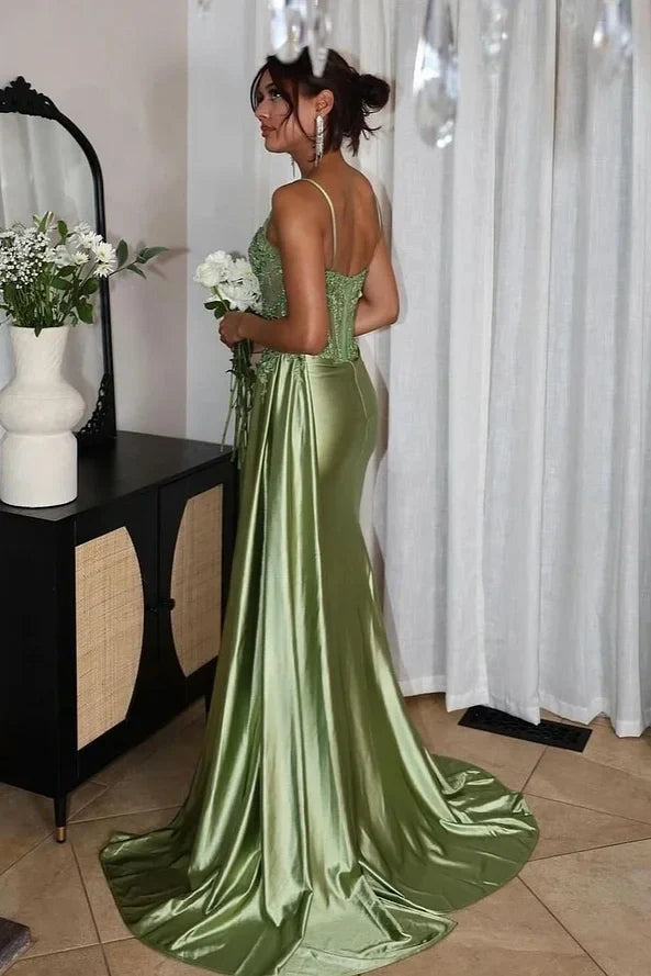 Appliqued Mermaid Dark Green Senior Prom Dress 2025 UK Sequined Spaghetti Straps