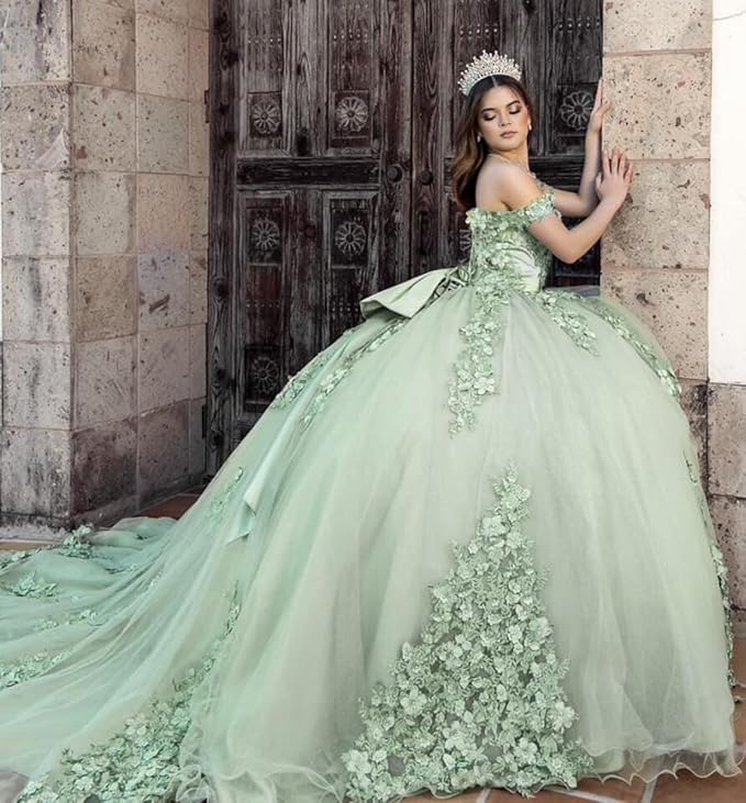 3D Flower Sage Green Quince Dresses Off Shoulder Sweet 15 Birthday Party MyChicDress
