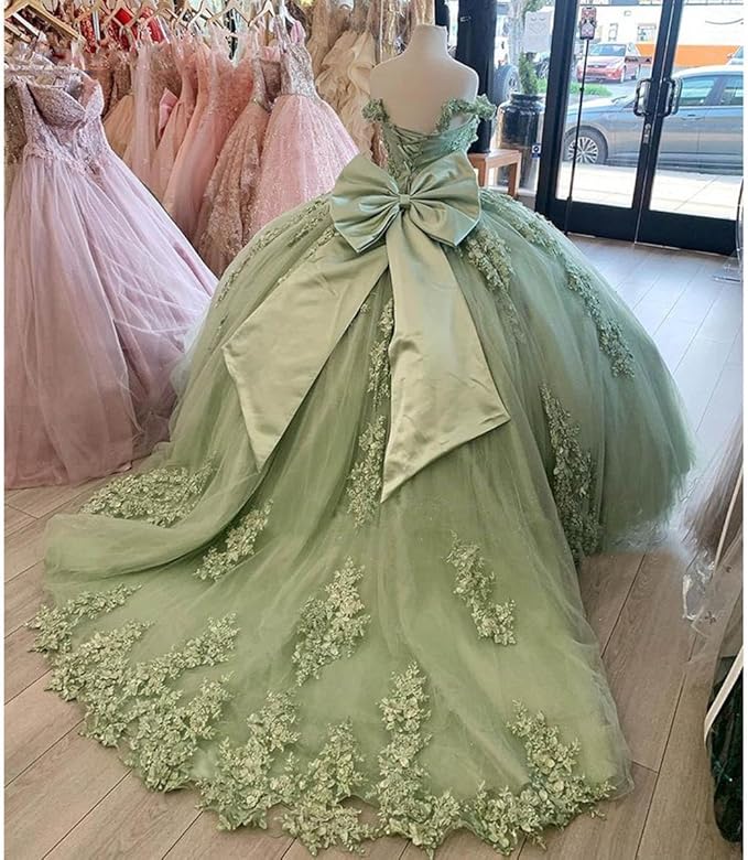 3D Flower Sage Green Quince Dresses Off Shoulder Sweet 15 Birthday Party MyChicDress