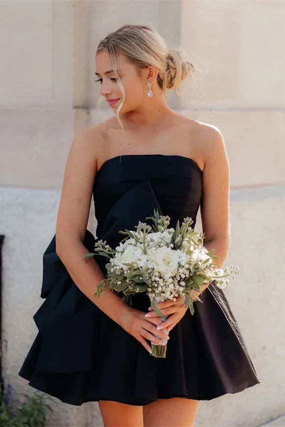 Satin Black Homecoming Dresses Strapless Short Grad Dresses Mychicdress