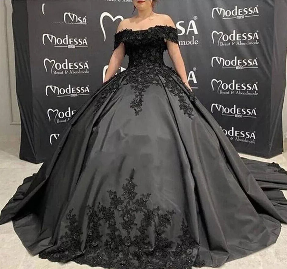 Satin Lace Corset Black Wedding Dresses Off Shoulder with Applique Beading Mychicdress