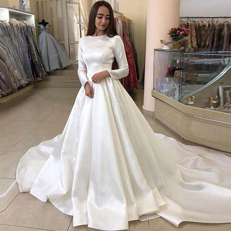 Satin Long Sleeves Arabic Black Tie Wedding Dresses Court Train