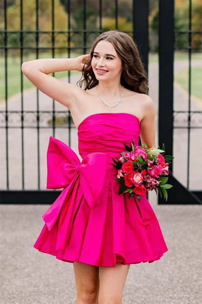 Satin hot pink Homecoming Dresses Strapless Short Grad Dresses Mychicdress