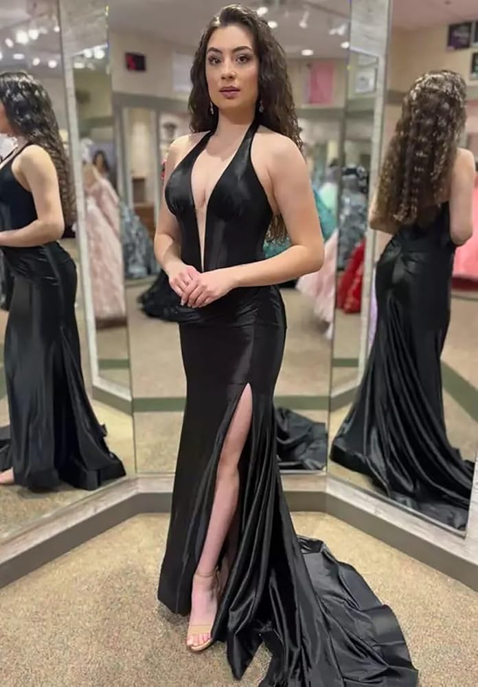 Satin Sage Green Prom Dress Mermaid Halter Wedding Guest Dress