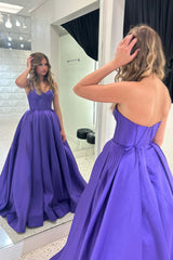 Satin Purple A-line Prom Dress Long Sweetheart Evening Gown