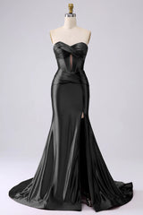 Black Long Prom Dress 2025 Sweetheart Satin Evening Dresses Mermaid