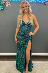 Sequin Emerald Green Prom Dress Cut Mirror Long with Slit