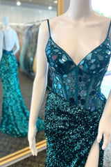 Sequin Emerald Green Prom Dress Cut Mirror Long with Slit