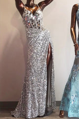 Sequin Emerald Green Prom Dress Cut Mirror Long with Slit