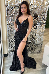 Sequin Emerald Green Prom Dress Cut Mirror Long with Slit