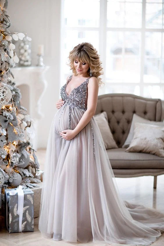 Sequin Maternity Dresses For photoshoot Baby Shower Gowns
