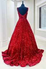 A-line Burgundy Velvet Sequins Prom Dress with Pockets Sweep Train