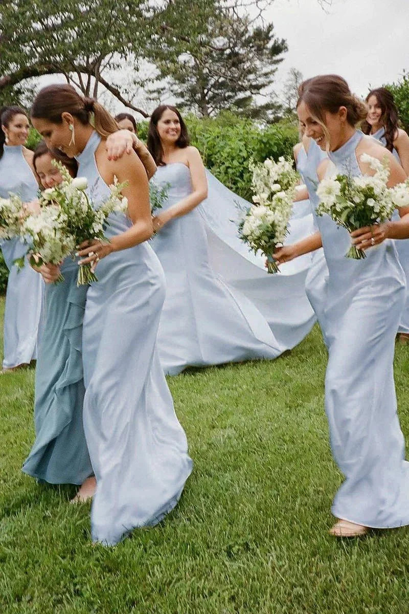 Sexy Beach Halter Blue Bridesmaid Dresses Silk Satin