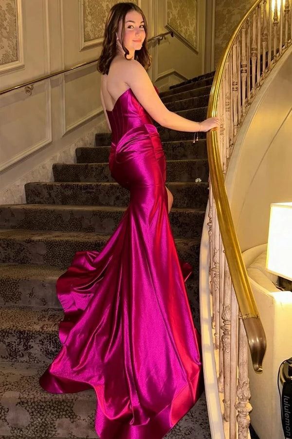 Sexy Fuchsia Prom Dress Strapless Mermaid Formal Gown Sleeveless
