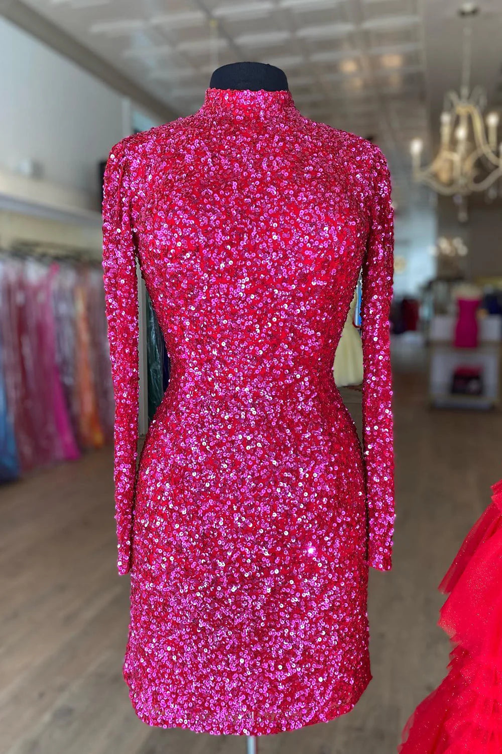 Sexy High Neck Fuchsia Sequins Short Homecoming Dress With Long Sleeve Mychicdress