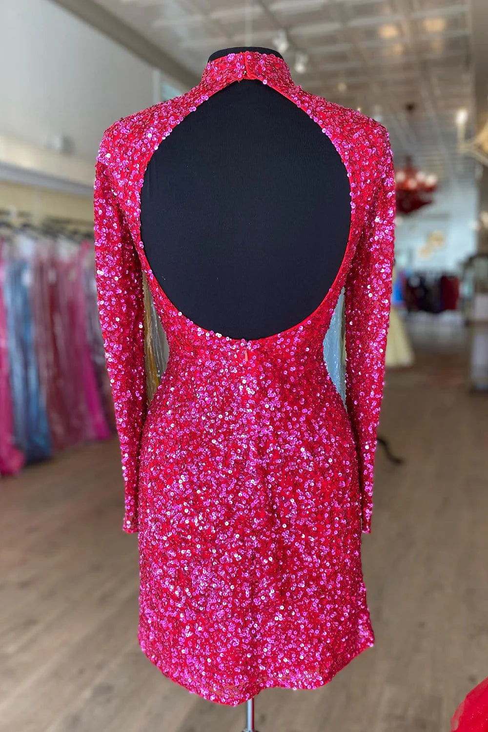 Sexy High Neck Fuchsia Sequins Short Homecoming Dress With Long Sleeve Mychicdress