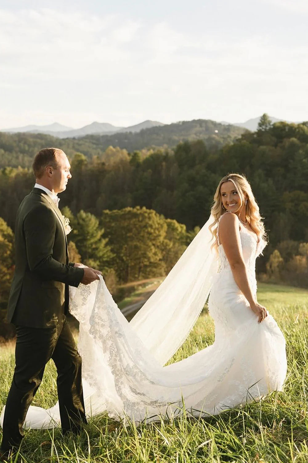 Enchanted Forest Wedding Dress Lace V Neck Straps Mermaid Bridal Gown