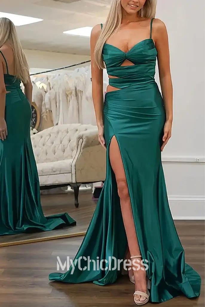 Sexy Mermaid Emerald Green Satin Prom Dresses with Slit