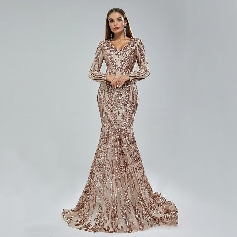 Sexy Mermaid Gold Lace Prom Dresses Long Sleeves Formal Gown Mychicdress