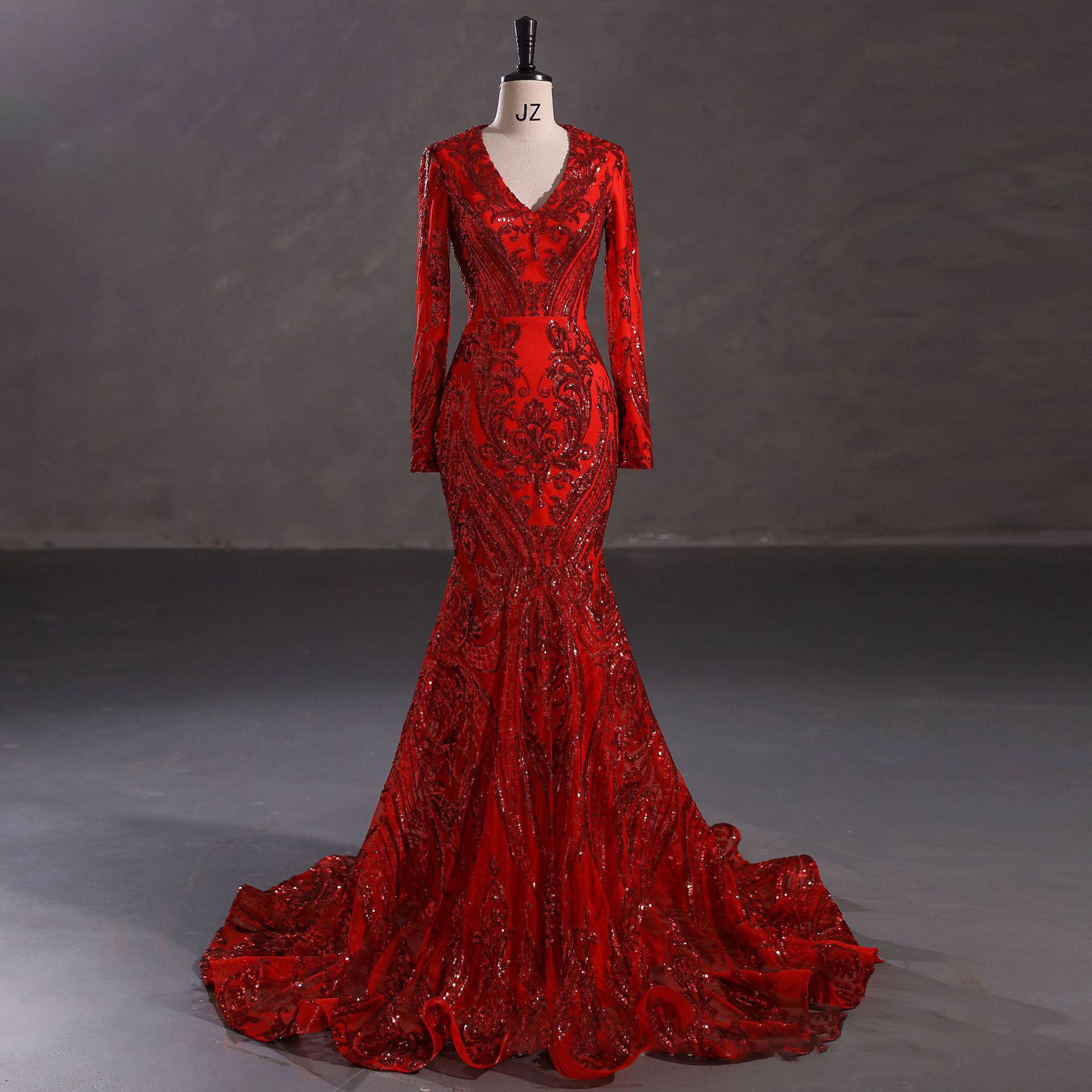Sexy Mermaid red evening Dresses Long Sleeves Formal Gown Mychicdress