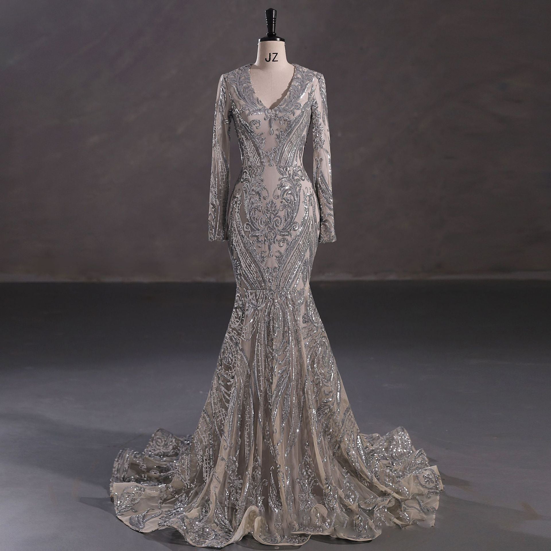 Sexy Mermaid silver Lace evening gown Dresses Long Sleeves Formal Gown Mychicdress