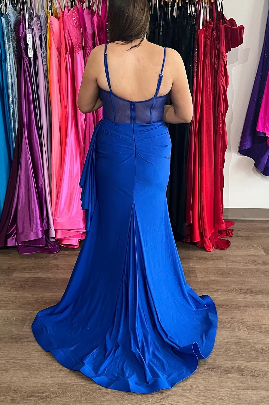 Sexy Prom Dress Pleats Mermaid Satin High Slit Spaghetti Straps