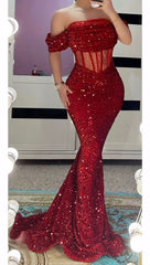 Sexy Sequins Mermaid Formal Wears Dark Red Evening Dress