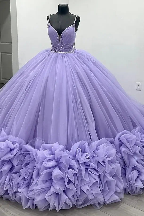 Sexy Spaghetti Straps Lavender Tulle Wedding Dresses Beading Bodice