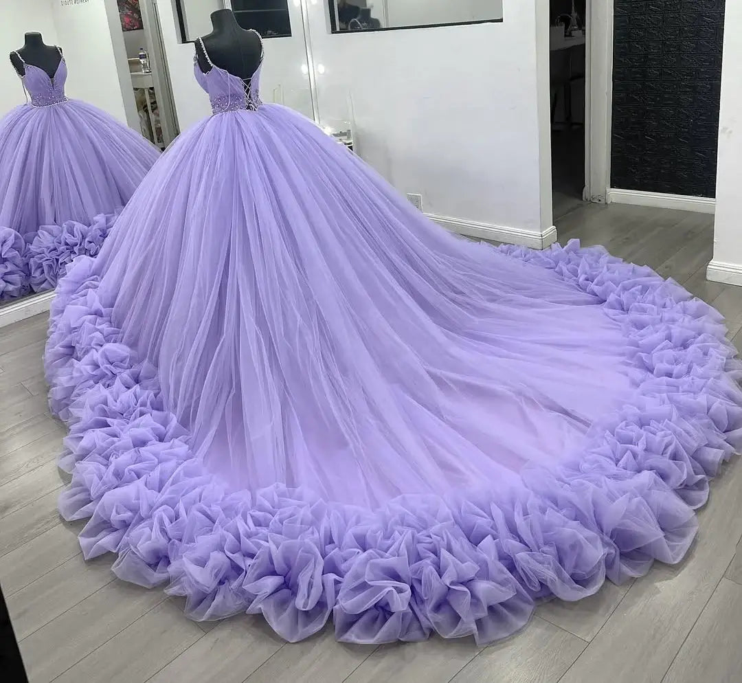 Purple ball gown with ruffled skirt