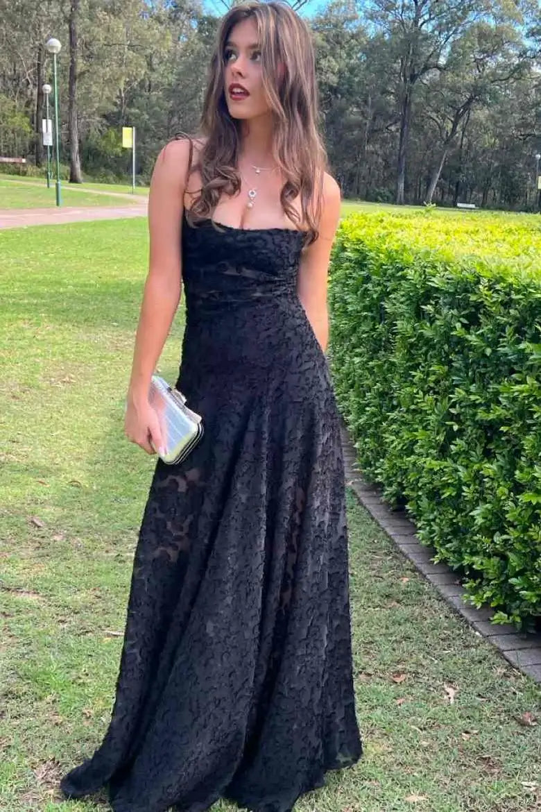 Sheath Long Black Evening Dress Lace Straps Prom Dress Near Me