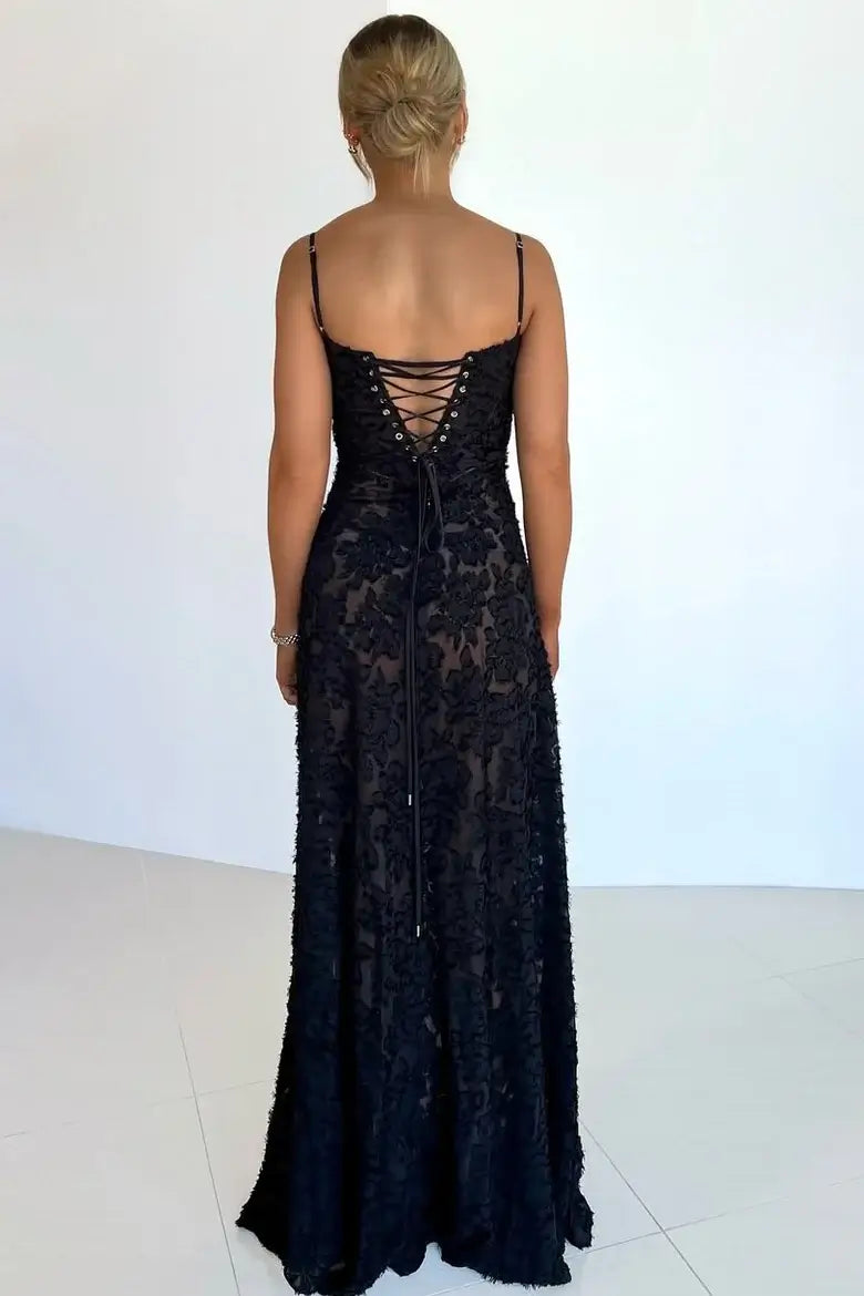 Sheath Long Black Lace Straps Prom Dress Near Me