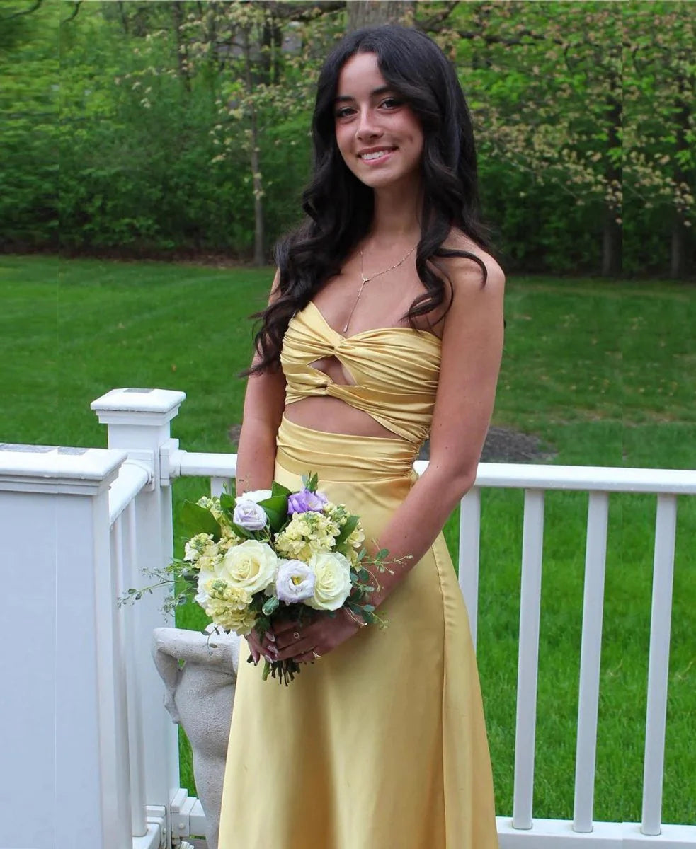 Sheath Long Yellow Prom Dresses Strapless Formal Gown