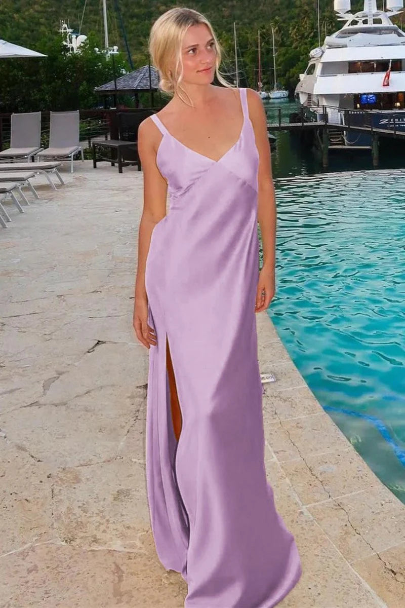 Sheath Yellow Maxi Dress For Wedding Guests V-Neck Tie-Back with Slit