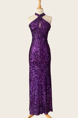 Sheath Purple Sequin Halter Prom Dress Long Sleeveless Open Back