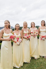 Sheath Satin Yellow Bridesmaid Dresses Spaghetti Straps Cutout